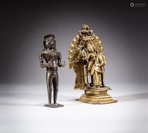 A gilt-copper alloy  figure of Khandoba and a folk bronze de...