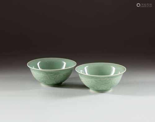 Two carved celadon bamboo bowls, Qing dynasty, 19th - 20th c...