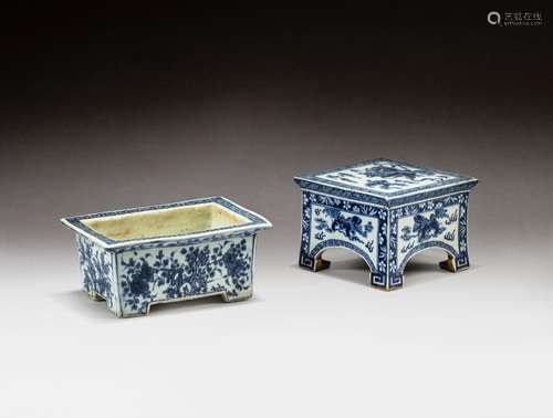 A blue and white 'peony' jardinière and a blue and w...