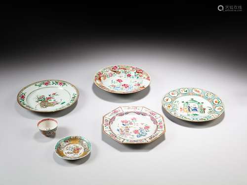 A group of four famille-rose dishes and a cup and a saucer, ...