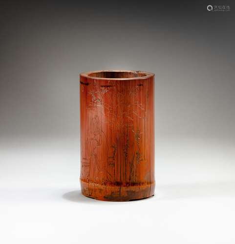 An incised bamboo 'figural' brushpot, Qing dynasty, ...