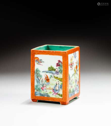 A famille-rose ‘figural’ square brushpot, Qing dynasty | 清 ...