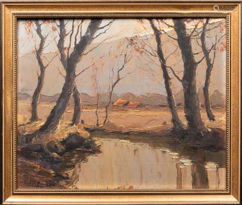 Henri MEGE (1904-1984)<br />
Paysage d'automne à la rivière ...