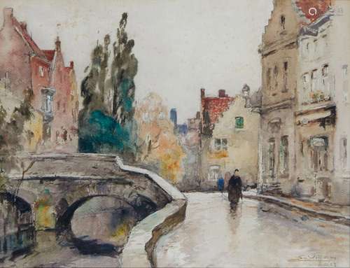 333 Eugène VILLON (1879-1951)<br />
Canal à Bruges<br />
Aqu...