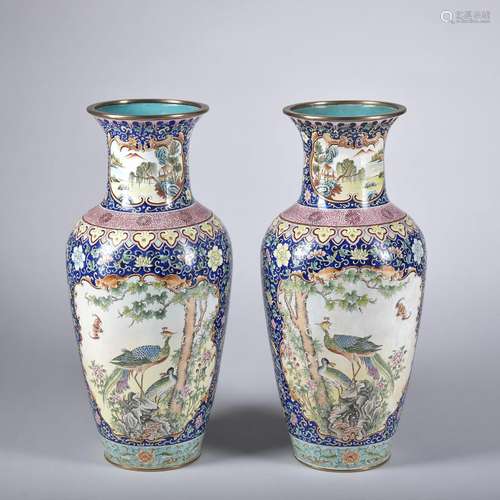 A pair of enamel 'floral and birds' vase