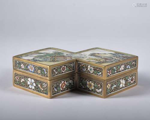 An enamel 'landscape' box and cover