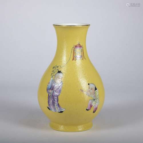 A yellow ground famille-rose 'figure' vase