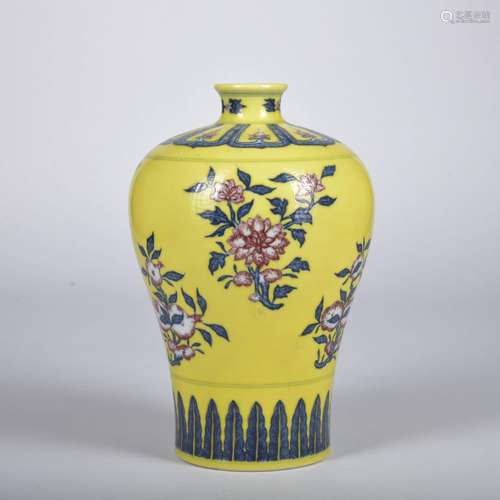 A yellow ground underglaze-blue and copper-red 'floral' Meip...