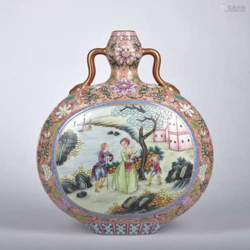 A Yang cai 'floral and figure' moonflask