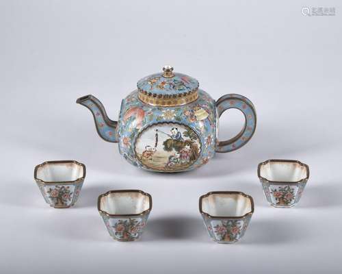 A set of enamel 'figure' teacup and teapot