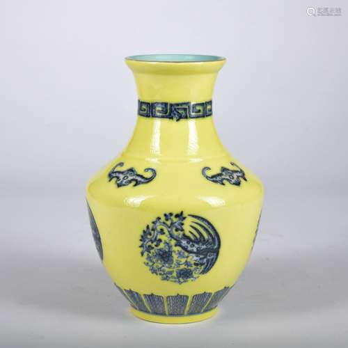 A yellow ground blue and white 'bats' vase