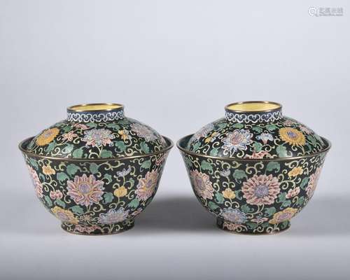 A pair of enamel 'floral' bowl and cover