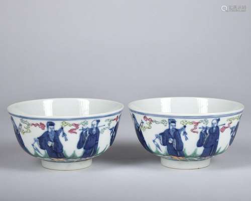 A pair of blue and white 'figure' bowl