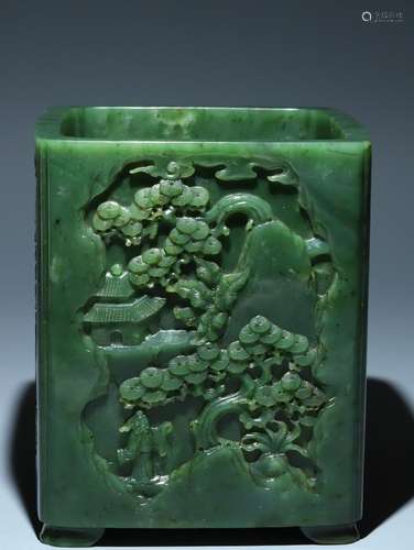 Hetian jade jasper landscape figure pen holder