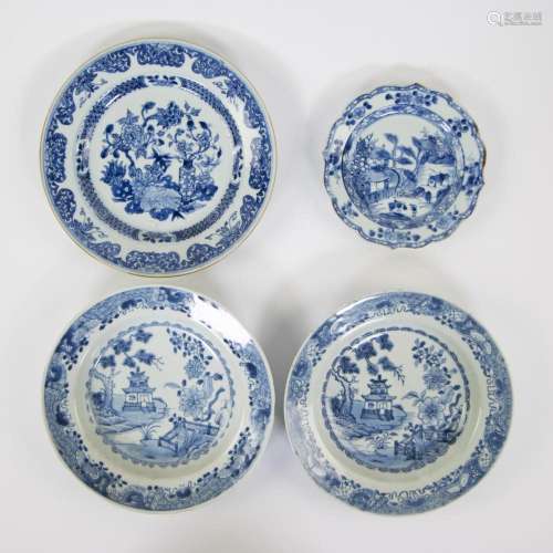 Collection of 4 Chinese blue/white plates, 18th century