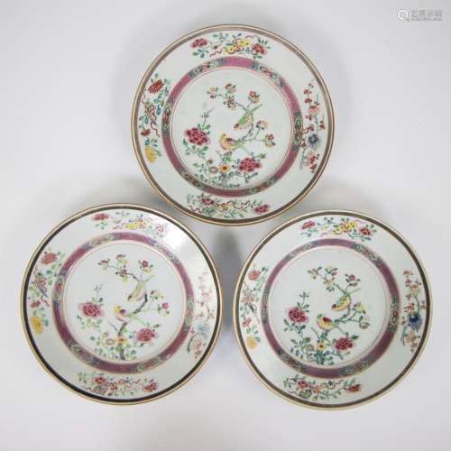 Collection of 3 Chinese famille rose plates with bird decor,...