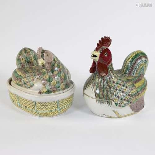 2 Chinese chickens in glazed earthenware, republic period or...