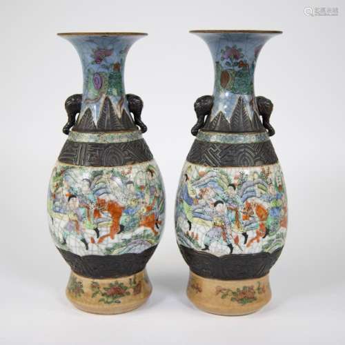 Pair of Chinese Canton vases in Hu shape with elephant heads...