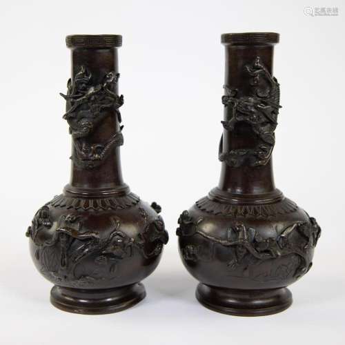 Pair of Japanese bronze vases with dragons, Meiji period