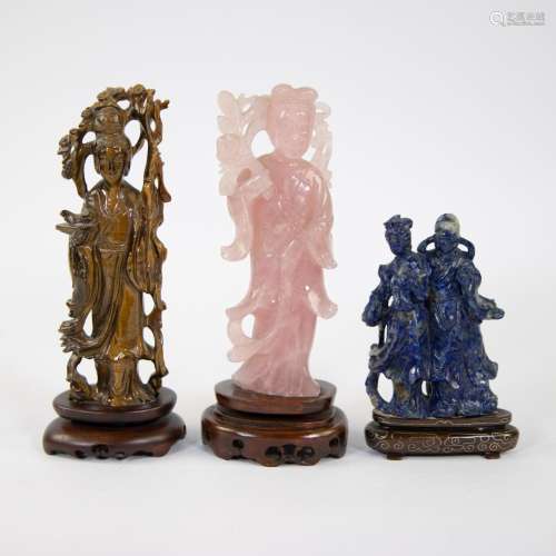 Collection of Chinese figurines in tiger eye, quartz and lap...