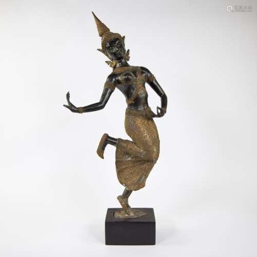 Bronze Thai statue of a dancer, gilded and brown/green patin...