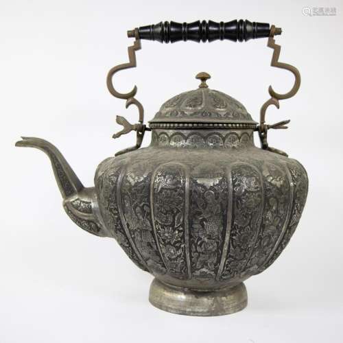 Antique Persian teapot with engraved garden scenes and flora...