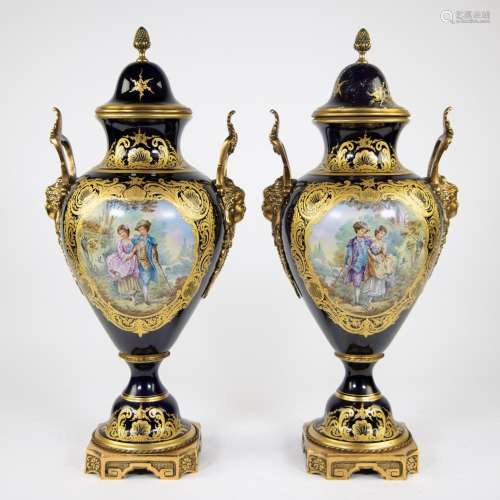 A pair of French vases SAMSON made of cobalt blue glazed cer...