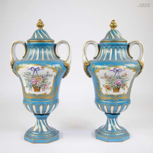 Pair of Sèvres porcelain lidded vases, hand-painted with a f...