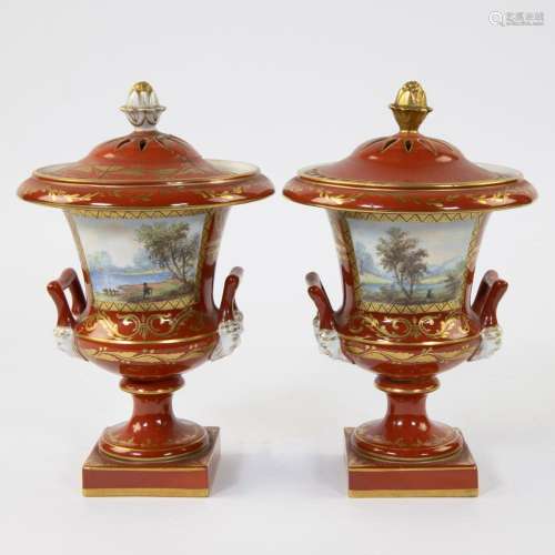 Pair of DRESDEN porcelain lidded vases with twin handles dec...