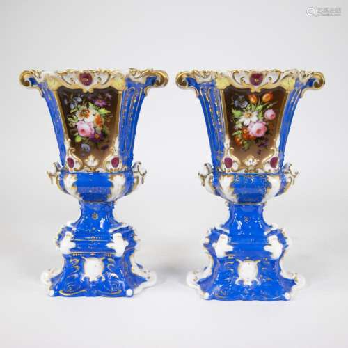 Pair of French blue porcelain vases with handpainted floral ...