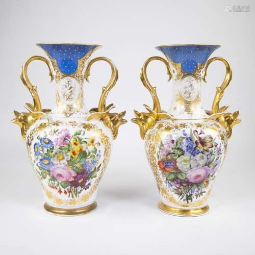 Pair of large French gilded porcelain vases with hand-painte...