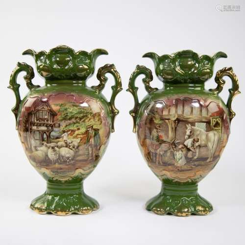 Couple vases in ceramic Limoges style, with hand painted med...