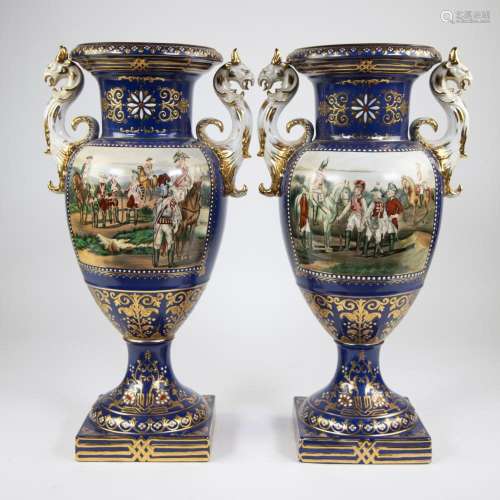 A pair of imposing porcelain French decorative vases with ha...