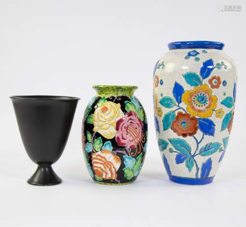 Lot of 3 ceramic vases, 2 x Boch Keramis and one black chali...