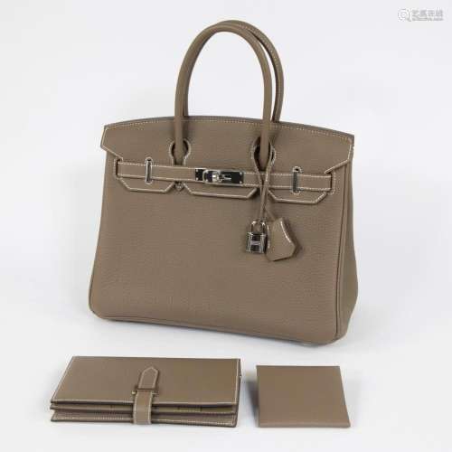 Hermes leather handbag BIRKIN 25 with matching wallet and mo...