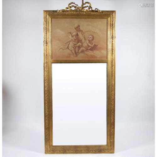 Louis XVI style gilded mirror painted with putti and decorat...