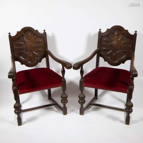 Lot of 2 sculpted castle chairs with red velor seat