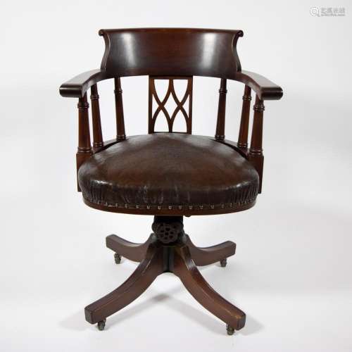 English captain's swivel chair with brown leather seat, ...