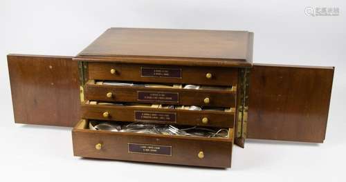 Wooden cutlery case with 4 drawers, silver plated cutlery, c...