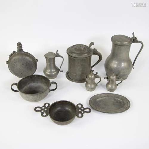 Collection of tin, 2 Ghent jugs, beer mug from Sweden 18th c...