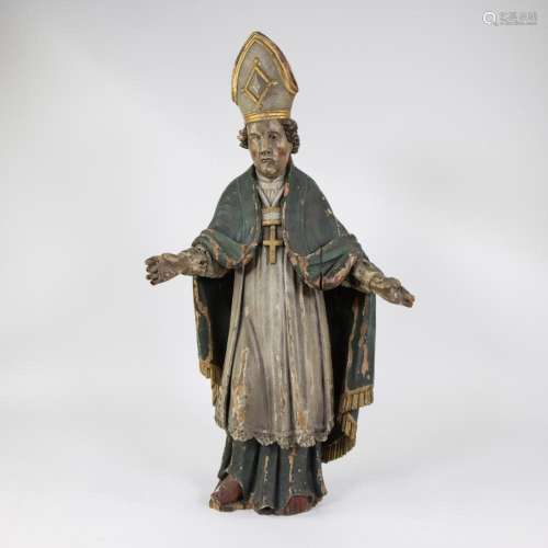 19th century wooden statue of a bishop with original polychr...