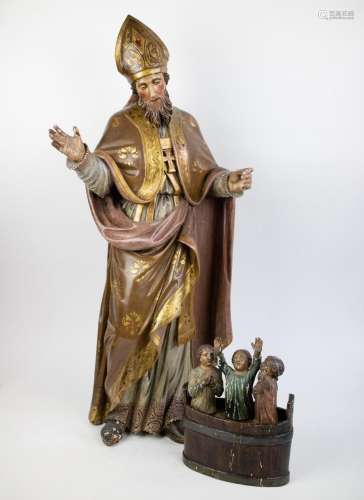 Large polychrome wooden sculpture of Saint Nicholas with thr...