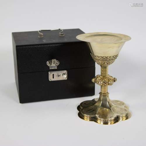 Silver chalice with paten and spoon in original box, 19th ce...