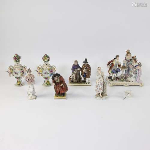 Lot of porcelain sculptures and a pair of lidded vases with ...