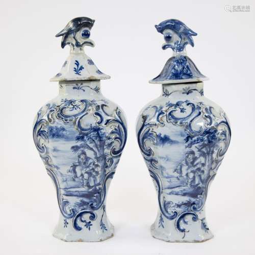 Collection of 2 large blue and white Delft vases with lid, h...
