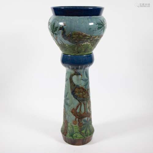Cachepot with stand in Flemish ceramics with decoration of p...
