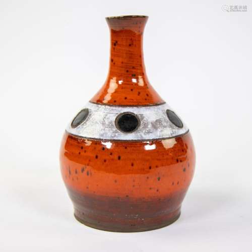 Red glazed convex vase by Oswald TIEBERGHIEN (1936), marked.