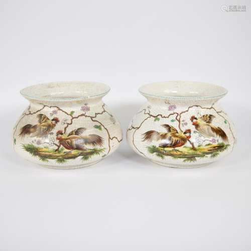 Pair of 19th century ceramic crackle pots with floral decor ...