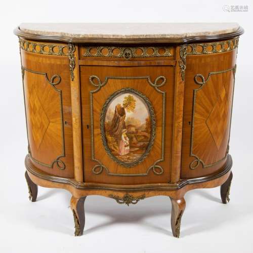 Louis XVI style demilune cabinet with marquetry, bronze fitt...