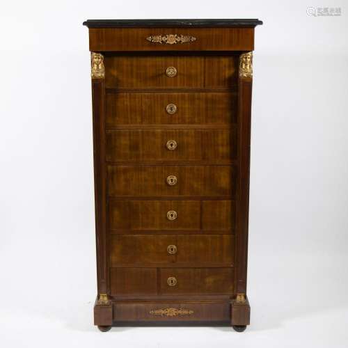Empire cabinet with 7 drawers, bronze decoration and black m...
